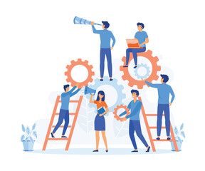 business or corporate cooperation, Team of businesspeople working with industrial gears or cogs, flat vector modern illustration