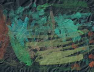 Abstract green brush stroke paint on wrinkled background. Watercolor grunge backdrop design. Grunge dark texture graphic element.