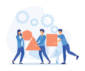 Teamwork Cooperation, Office Employees Group Set Up Huge Separated Puzzle Pieces Together. flat vector modern illustration