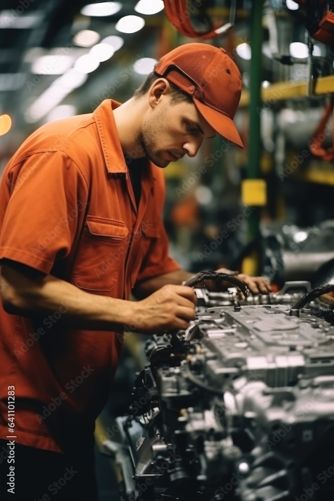 Wall mural worker working in auto factory production line.