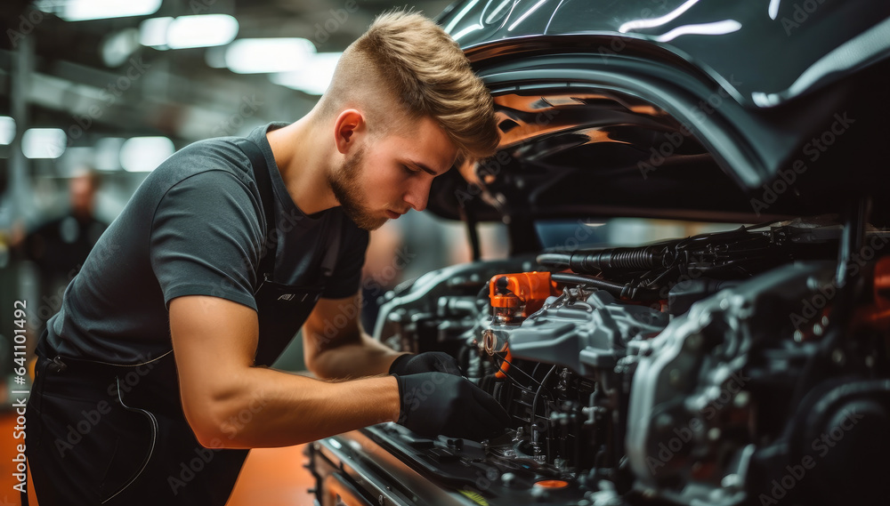 Aufkleber worker attaches components to an auto engine at factory production line.