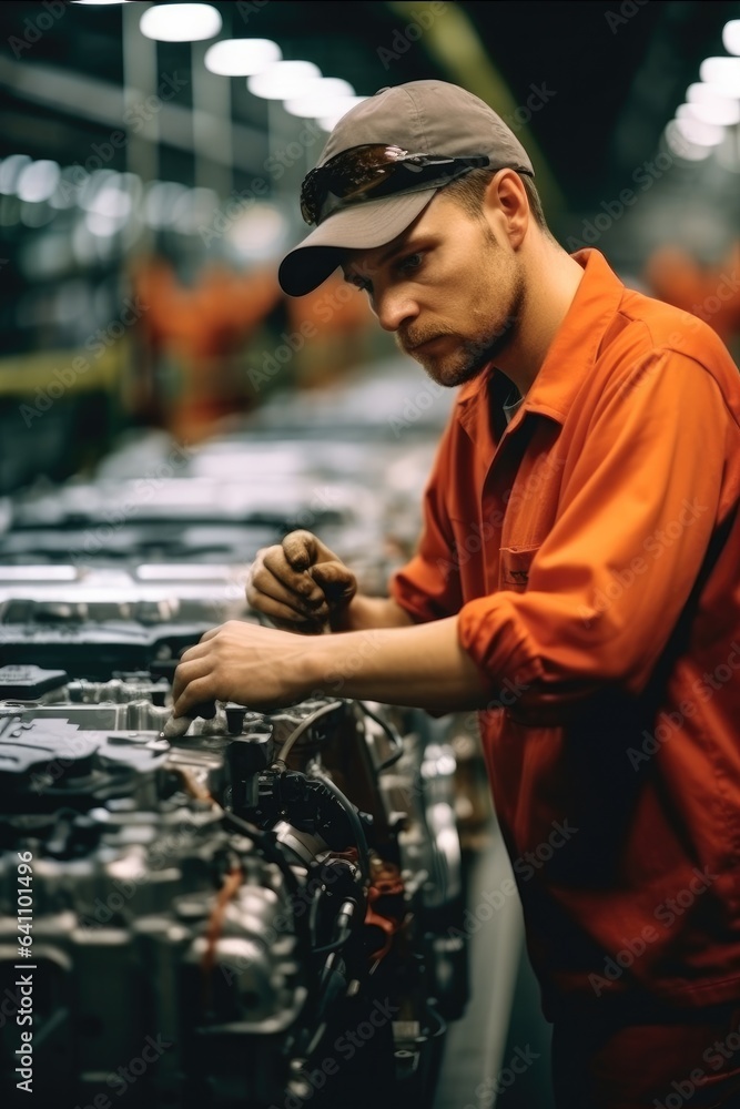 Aufkleber worker attaches components to an auto engine at factory production line.