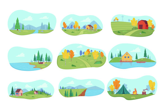Rural farm landscape vector illustrations set. Forest with river and birch trees, cottage near lake, camping tent and campfire, farmland with fields. Nature, autumn, farming concept