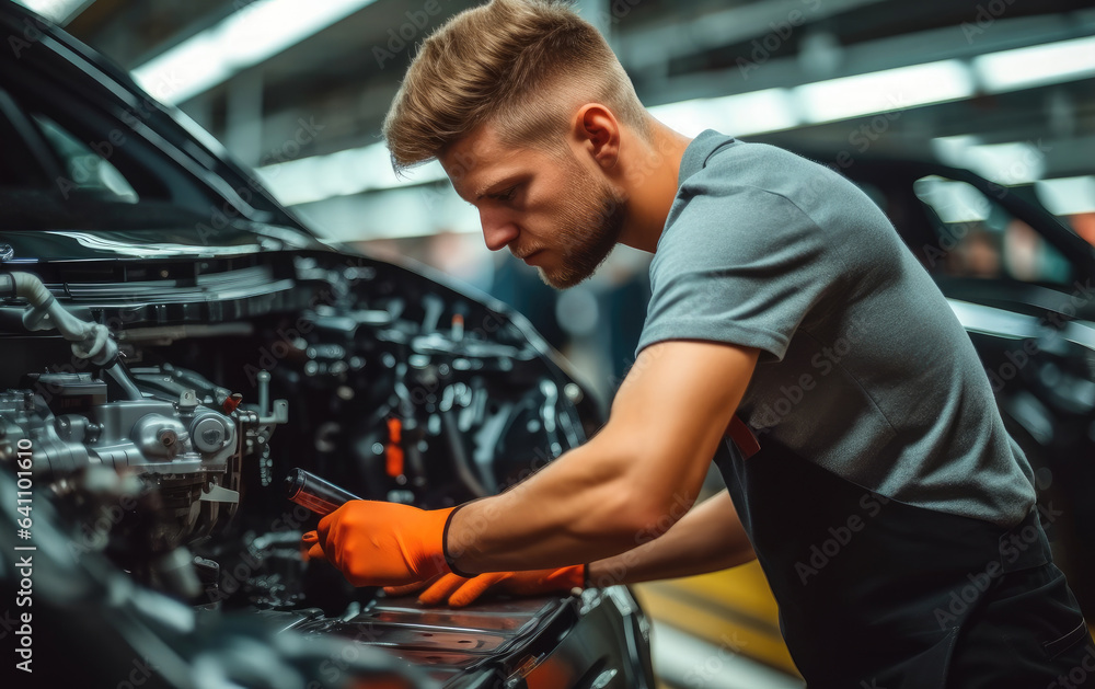 Aufkleber worker attaches components to an auto engine at factory production line.
