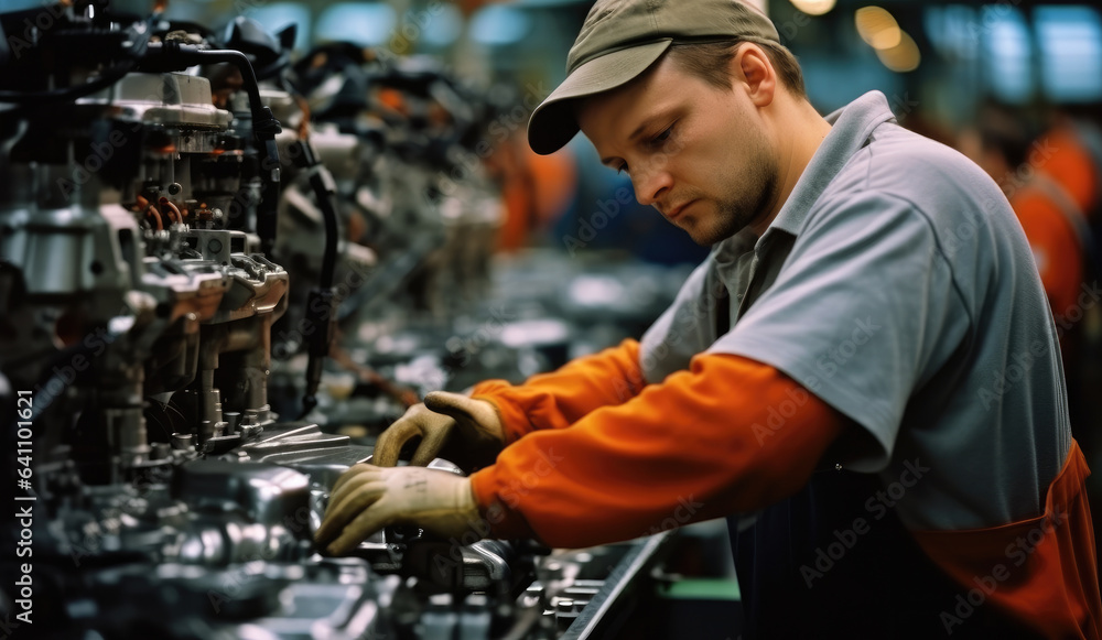 Aufkleber worker working in auto factory production line.