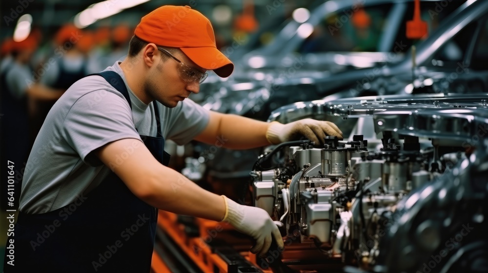 Aufkleber worker attaches components to an auto engine at factory production line.