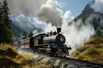 Naklejka premium A painting of a train on a train track. The locomotive moves among the mountains and beautiful nature along the rails. Smoke from the chimney of a retro train.