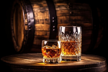 Whiskey drinks. You need to drink whiskey with ice then the whiskey tastes better of an oak barrel. Alcoholic drink with ice whiskey or cognac close-up on the background of an oak barrel for aging. - obrazy, fototapety, plakaty
