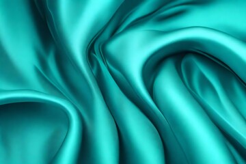 Closeup of rippled cyan color satin fabric cloth texture background