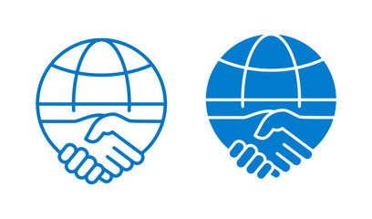 Handshake with globe icons on white background. Vector illustration.