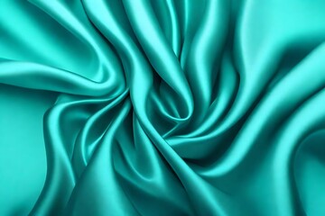 Closeup of rippled cyan color satin fabric cloth texture background