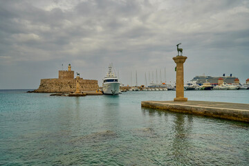 Rhodes, Greece, the port of Mandraki, in ancient times the entrance to the port was guarded by the...