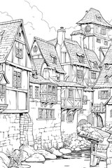 France Bayeux village cityscape black and white coloring page for adults. Normandy buildings, skyline, street, landmarks vector outline doodle sketch for anti stress color book