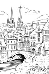 France Bayeux village cityscape black and white coloring page for adults. Normandy buildings, skyline, street, landmarks vector outline doodle sketch for anti stress color book