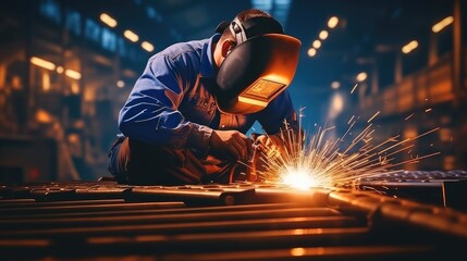 Male welder in a protective mask is welding metal in a factory.