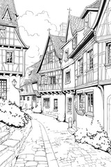 France Eguisheim village cityscape black and white coloring page for adults. Alsace buildings, skyline, street, landmarks vector outline doodle sketch for anti stress color book.
