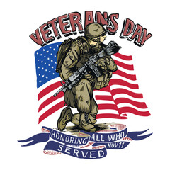 Soldier saluting Veterans Day. Vector sign
