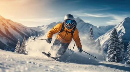 Fototapeta na wymiar Man in ski on a snowy mountain.