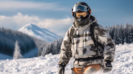 Man in goggles with ski on a snowy mountain.