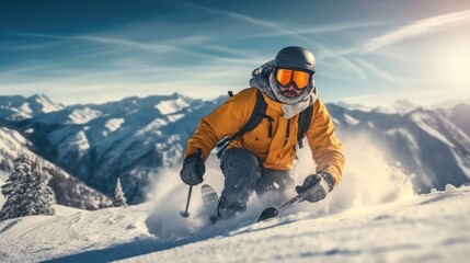 Fototapeta na wymiar Man in ski on a snowy mountain.