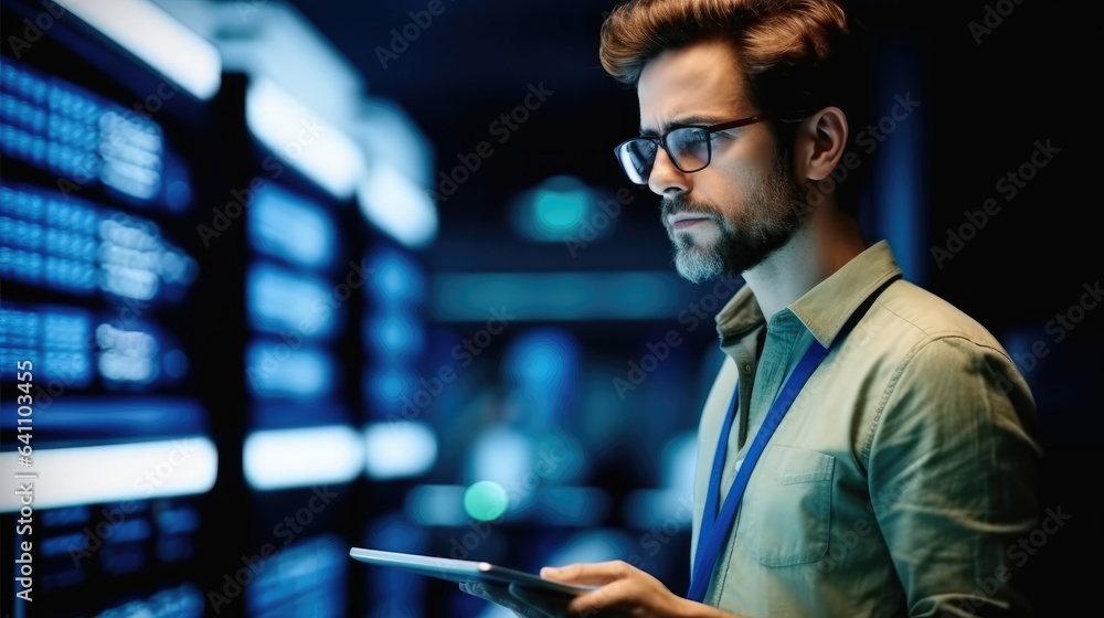 Poster technician man are inspection in data center at server room, information technology.