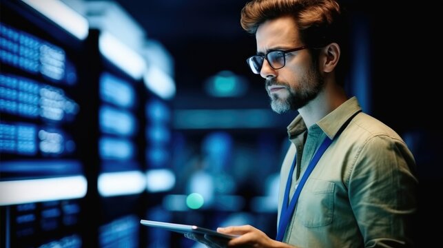 Technician man are inspection in data center at server room, Information technology.