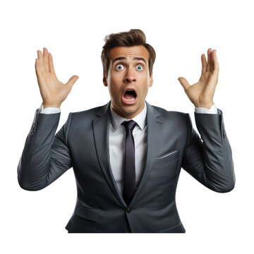 person wearing a suit, hands raised above their head, face facing forward, expression flustered isolated on transparent background . Generative AI