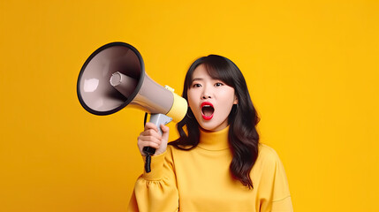 Cheerful of Asian young pretty woman holding megaphone making announcement in isolated yellow background. Generative Ai
