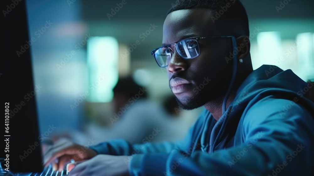 Poster male programmer developing new software in server room, managing cybersecurity defence project.