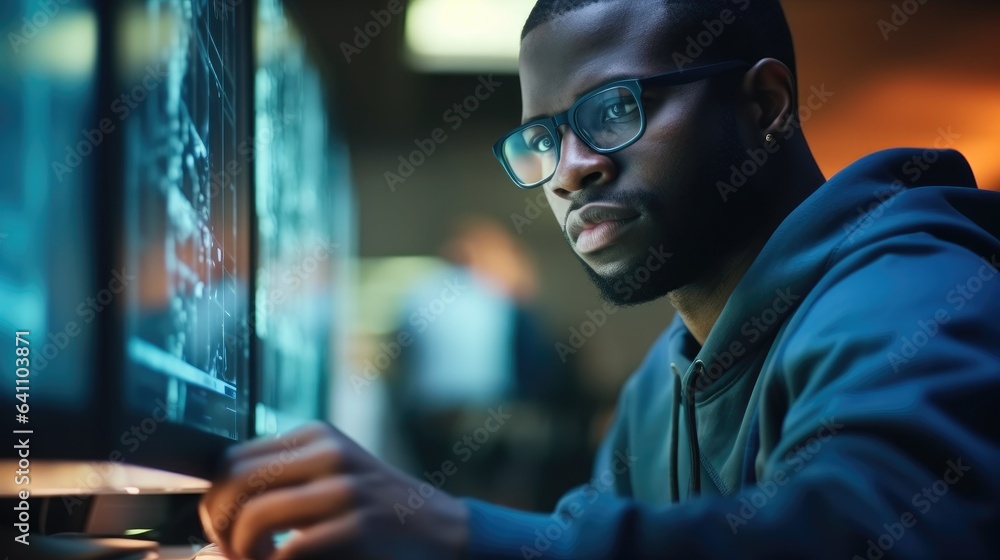 Poster male programmer developing new software in server room, managing cybersecurity defence project.