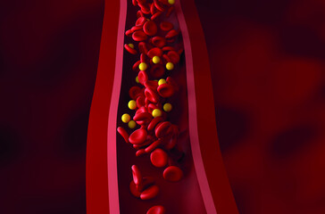 Normal level of LDL (lipoprotein) - cholesterol and rbc flow in the healthy vessel - front view 3d illustration