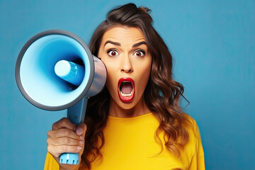 Wow face of young pretty woman wears blue shirt hold scream in megaphone announces discounts sale Hurry up isolated on plain yellow background. Generative Ai
