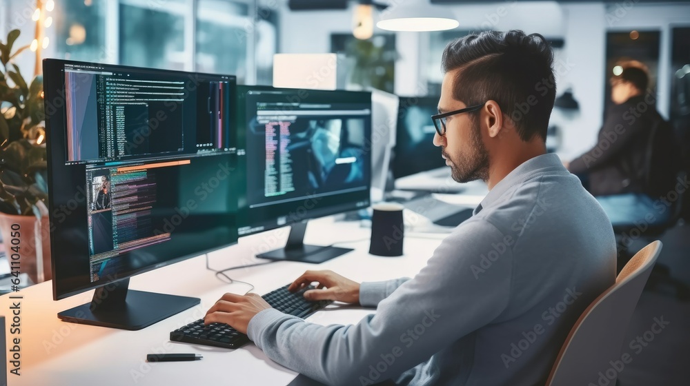 Poster Software developer and a man at computer for coding script or cyber security in office.