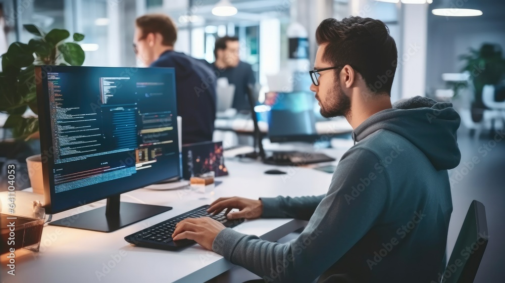 Poster Software developer and a man at computer for coding script or cyber security in office.