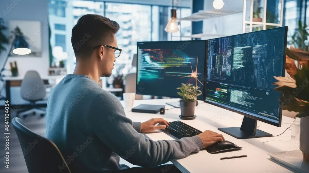 Poster Software developer and a man at computer for coding script or cyber security in office.