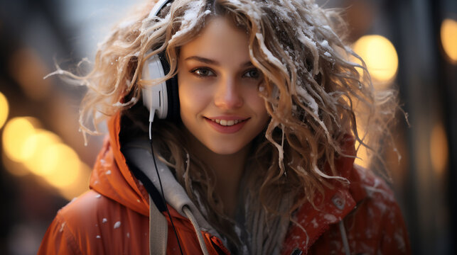 Outdoor portrait of young beautiful happy smiling girl wearing headphones with stylish wunter cloth standing on street city with snowfall and blurry bokeh festive garland,Generative Ai