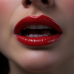 Close up view of beautiful woman lips with red lipstick. Fashion make up. Cosmetology, drugstore or fashion makeup concept. Studio shot
