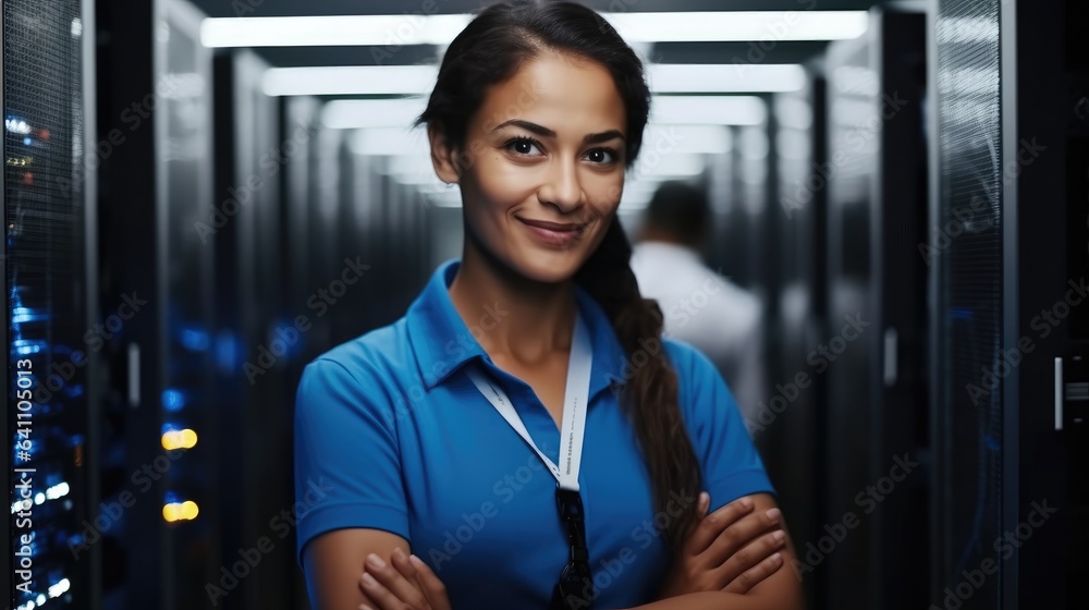 Aufkleber portrait of woman in server room, it support, female technician fixing network for information techn
