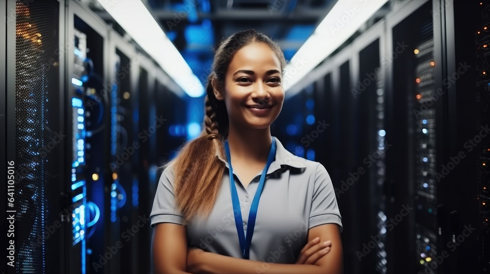 Aufkleber portrait of woman in server room, it support, female technician fixing network for information techn