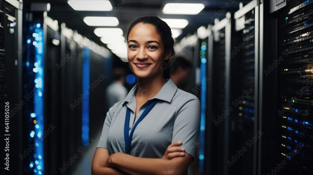 Aufkleber portrait of woman in server room, it support, female technician fixing network for information techn