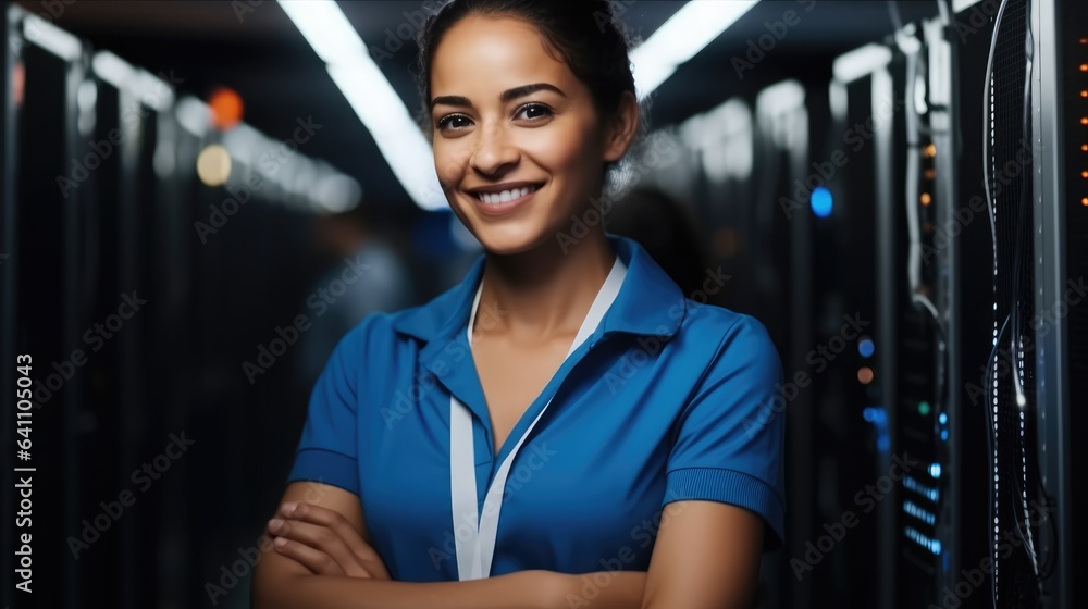 Aufkleber portrait of woman in server room, it support, female technician fixing network for information techn