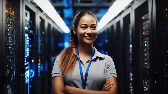 Portrait of woman in server room, IT support, Female technician fixing network for information technology solution.