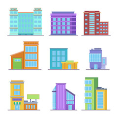 Obraz premium Colorful office buildings in city vector illustrations set. Modern apartment houses, government buildings, skyscrapers and shopping malls from business district. Architecture, cityscape concept