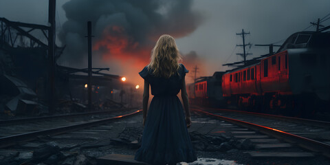 the girl in a dress by the train tracks, cinematic photography
