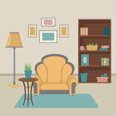 Living room interior with beige armchair vector illustration. Cartoon drawing of chair, floor lamp, bookcase, mint carpet, pictures on walls. Interior design, furniture, decoration concept