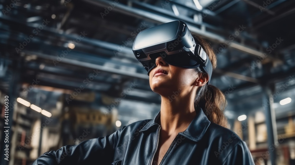 Aufkleber woman engineer using vr headset in industrial factory for futuristic research, digital tech and 3d a