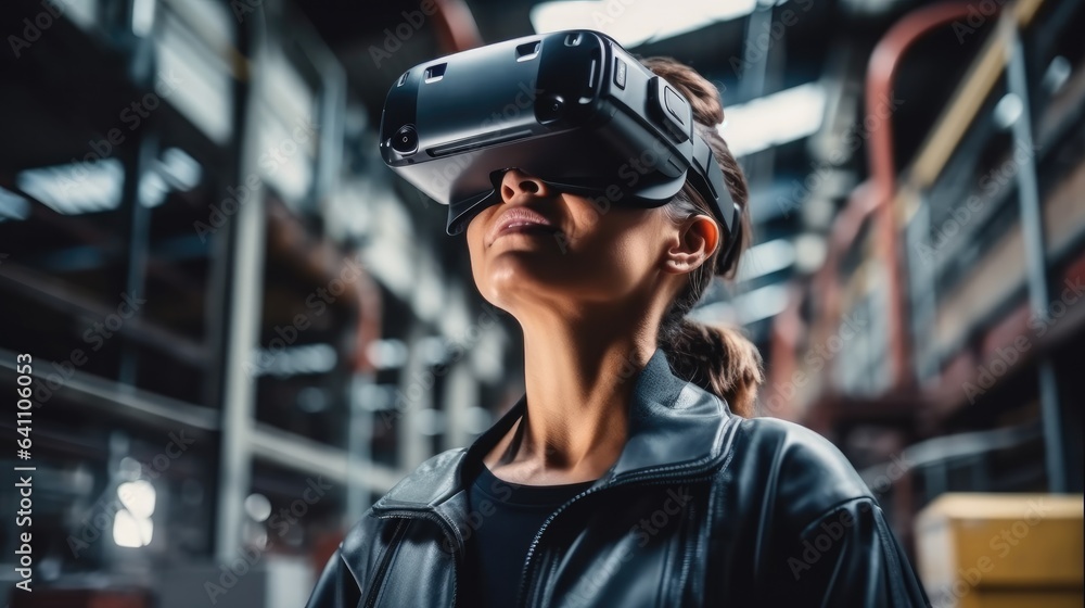 Aufkleber woman engineer using vr headset in industrial factory for futuristic research, digital tech and 3d a