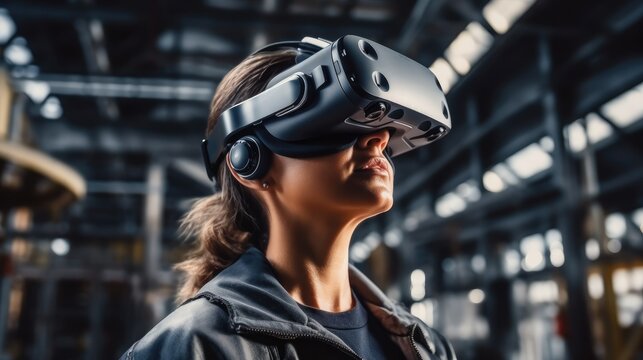 Woman engineer using VR headset in industrial factory for futuristic research, Digital tech and 3d automation machine. - Powered by Adobe