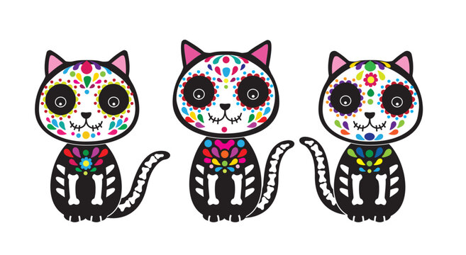 Cute cartoon style illustration of 3 cats in traditional Day of the Dead Mexican style design