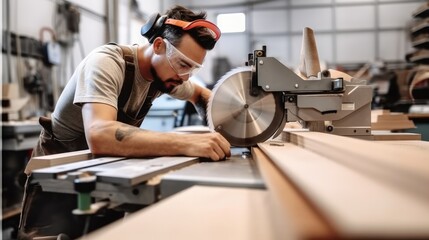 Young carpenter cutting plank on a sawing machine.